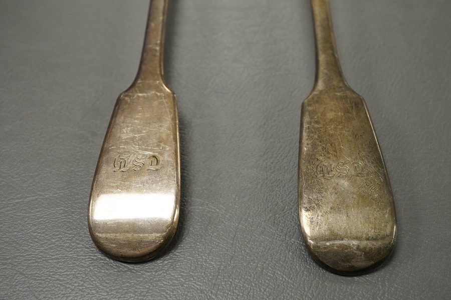 A pair of Victorian silver fiddle pattern basting spoons by Joseph & Albert Savory, London, 1846, with engraved initials, 30cm, 10oz.